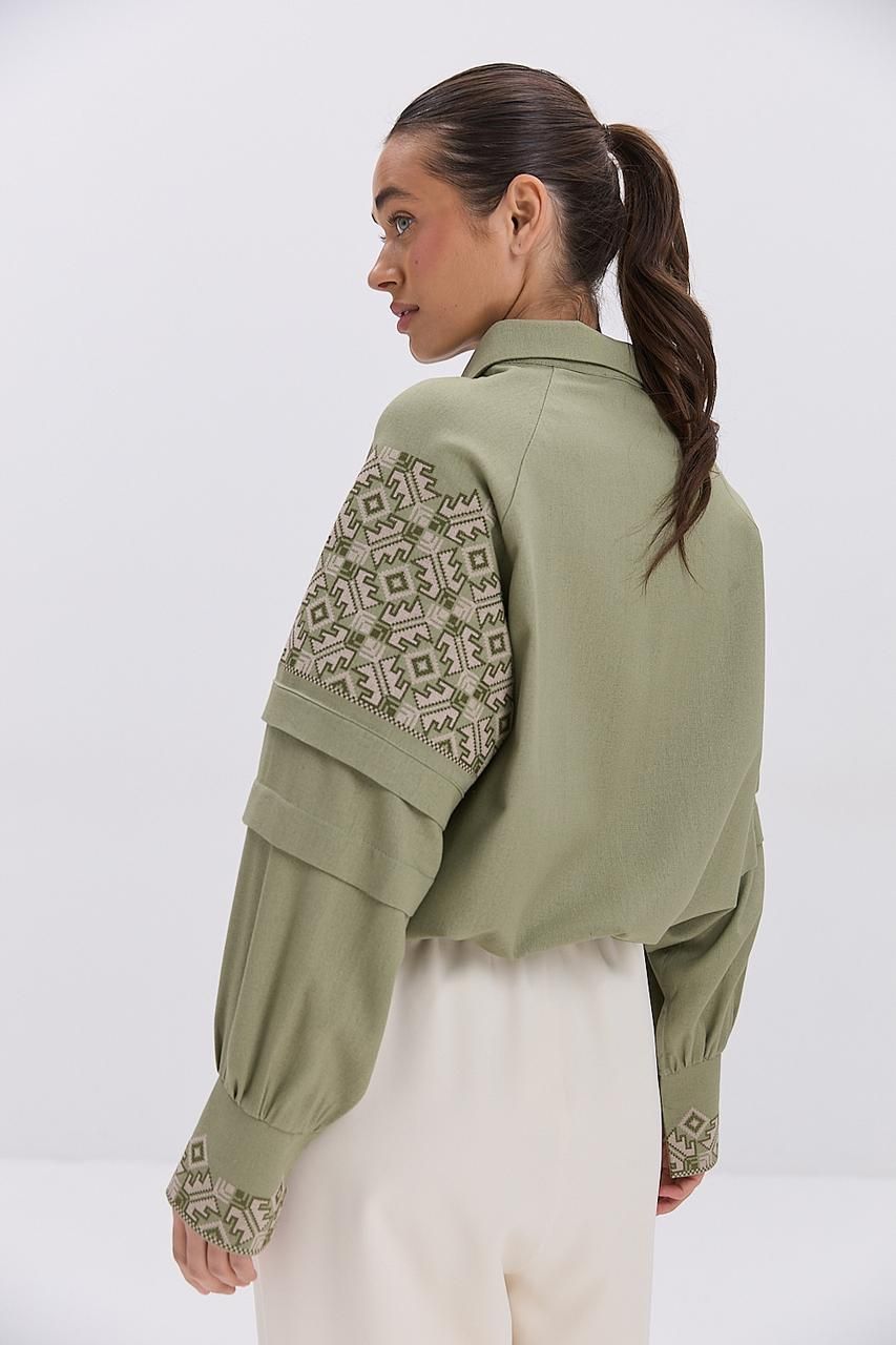 Жіноча сорочка-вишиванка хакі з геометричними візерунками (size1) (2-69222)