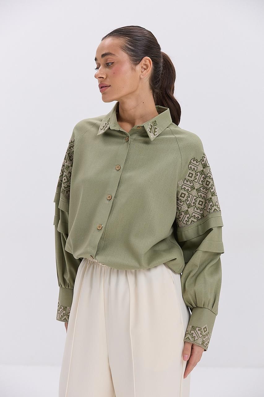 Жіноча сорочка-вишиванка хакі з геометричними візерунками (size1) (2-69222)