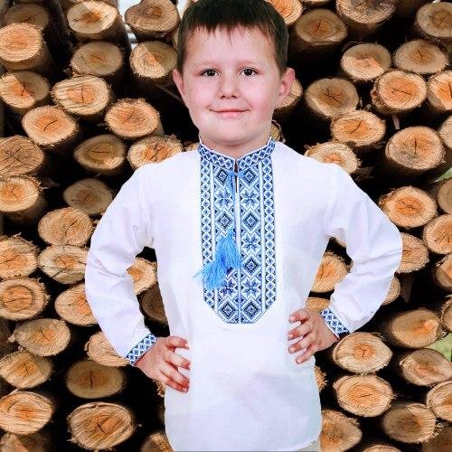 Вышиванка для мальчика белая Козак, вышивка крестиком, длинный рукав, повседневная, на 1,2,3,4,5,6,7,8,9лет