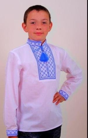 Рубашка вышитая для мальчика Руслан, белая, синяя вышивка, рост 104,110,116,122,128,134см, 4,5,6,7,8,9 лет