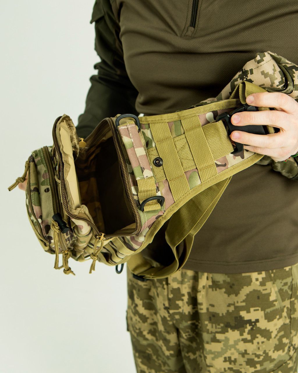 Сумка нагрудна тактична камуфляж Мультикам із системою Моллі та кріпленням на пояс (сумка нагруд_моллі_мульт1)