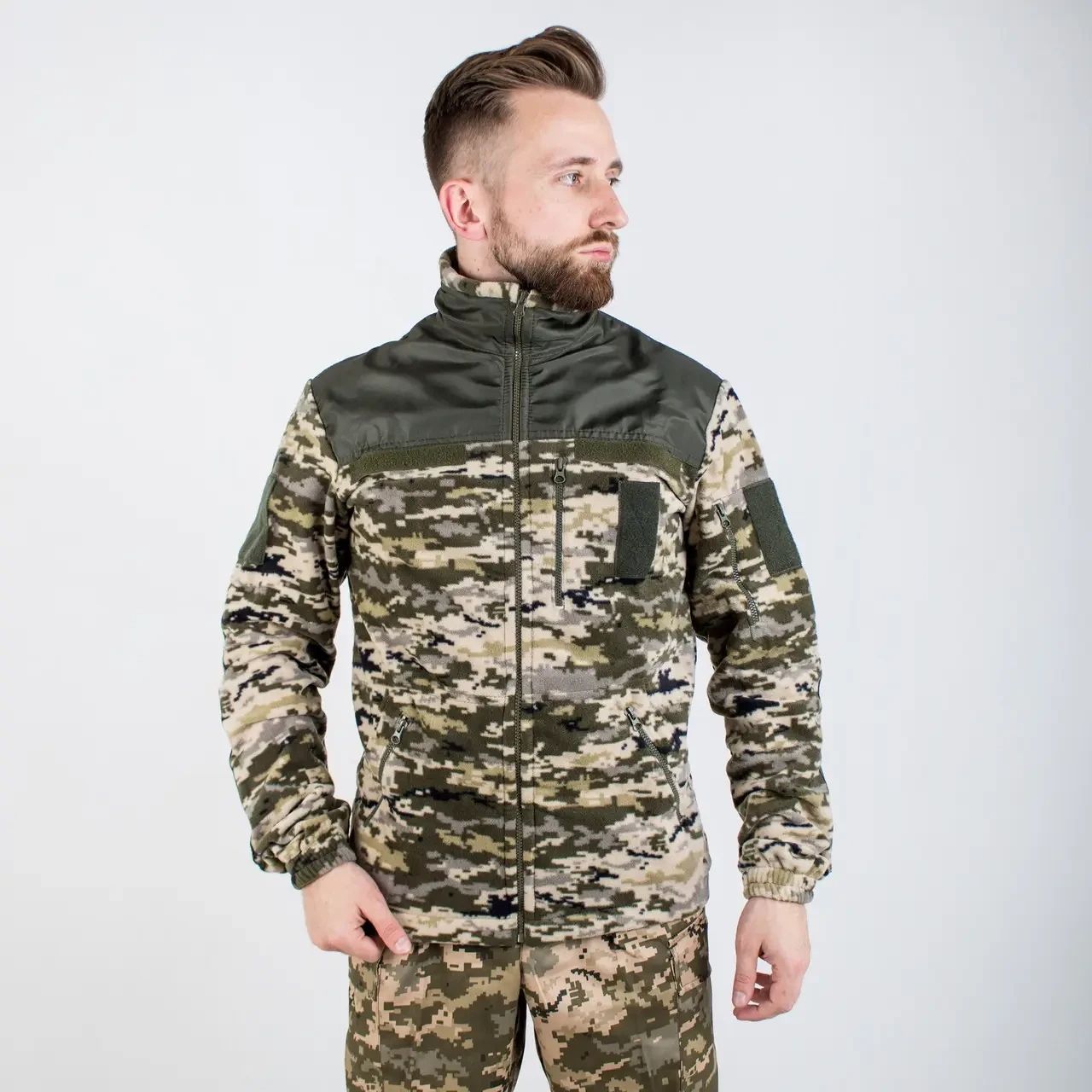 Кофта флисовая комбинированная с плащевкой, цвет олива,пиксель,черная, с липучками, 46,48,50,52,54,56р-р (кофта флис комбин ТС_ол48)