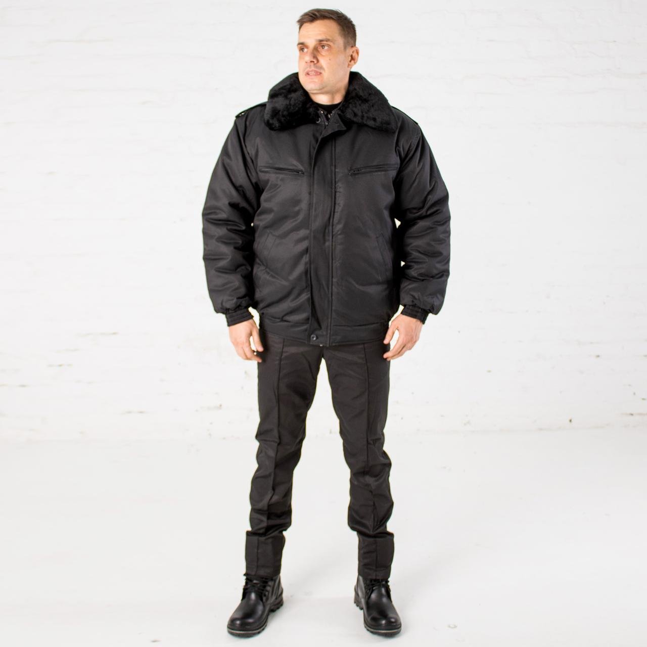 Куртка чорна ОЗФ для охоронця на синтепоні під гумку, комір штучне хутро 64 фото