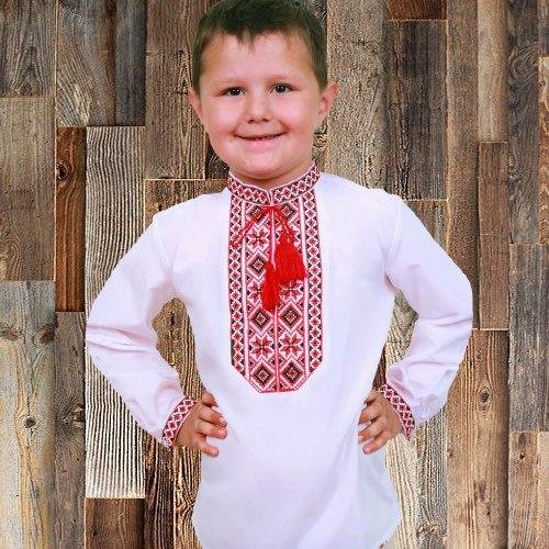 Вышиванка для мальчика Козачок с красной вышивкой, белая рубашка, нарядная, на праздник, на 4,5,6,7,8,9 лет