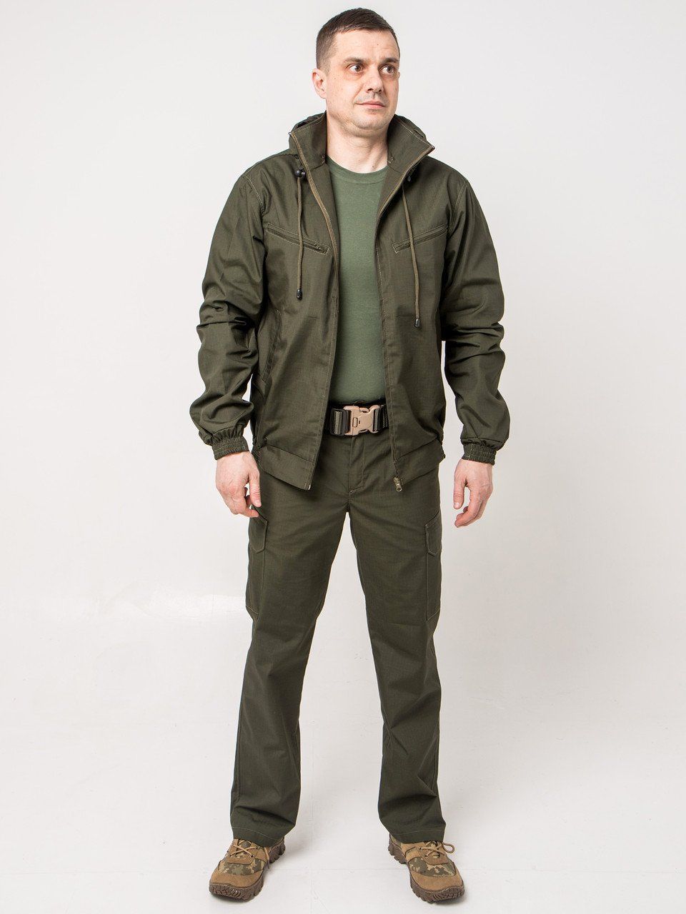 Костюм олива из ткани рипстоп, капюшон на пуговицах, размеры 48, 50, 52 ,54, 56 (Рипстоп олива)