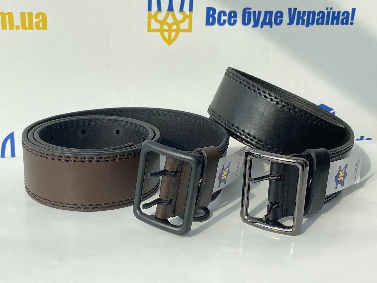 Портупея кожаная, армейский военный ремень, офицерский кожаный пояс с металлической пряжкой и тренчиком (порт_черн_бел_этик)