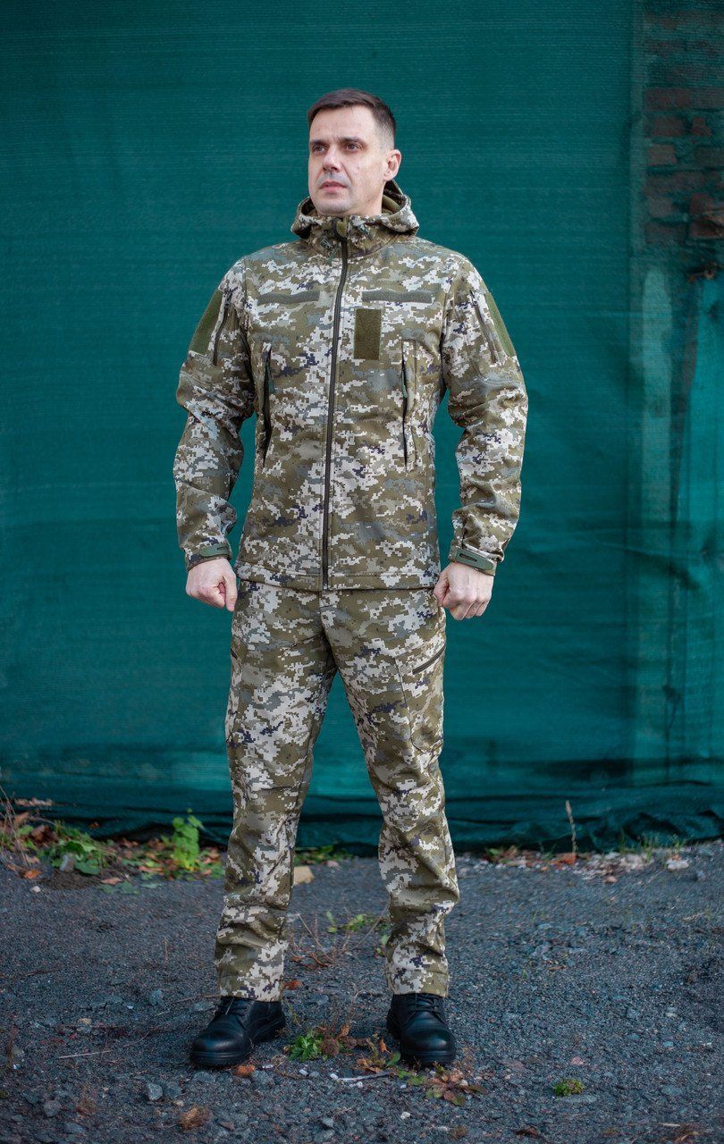 Чоловічий тактичний демісезонний костюм Softshell Піксель, утеплена куртка на флісі і штани (костюм ЦЧ_софтш_пікс_46)