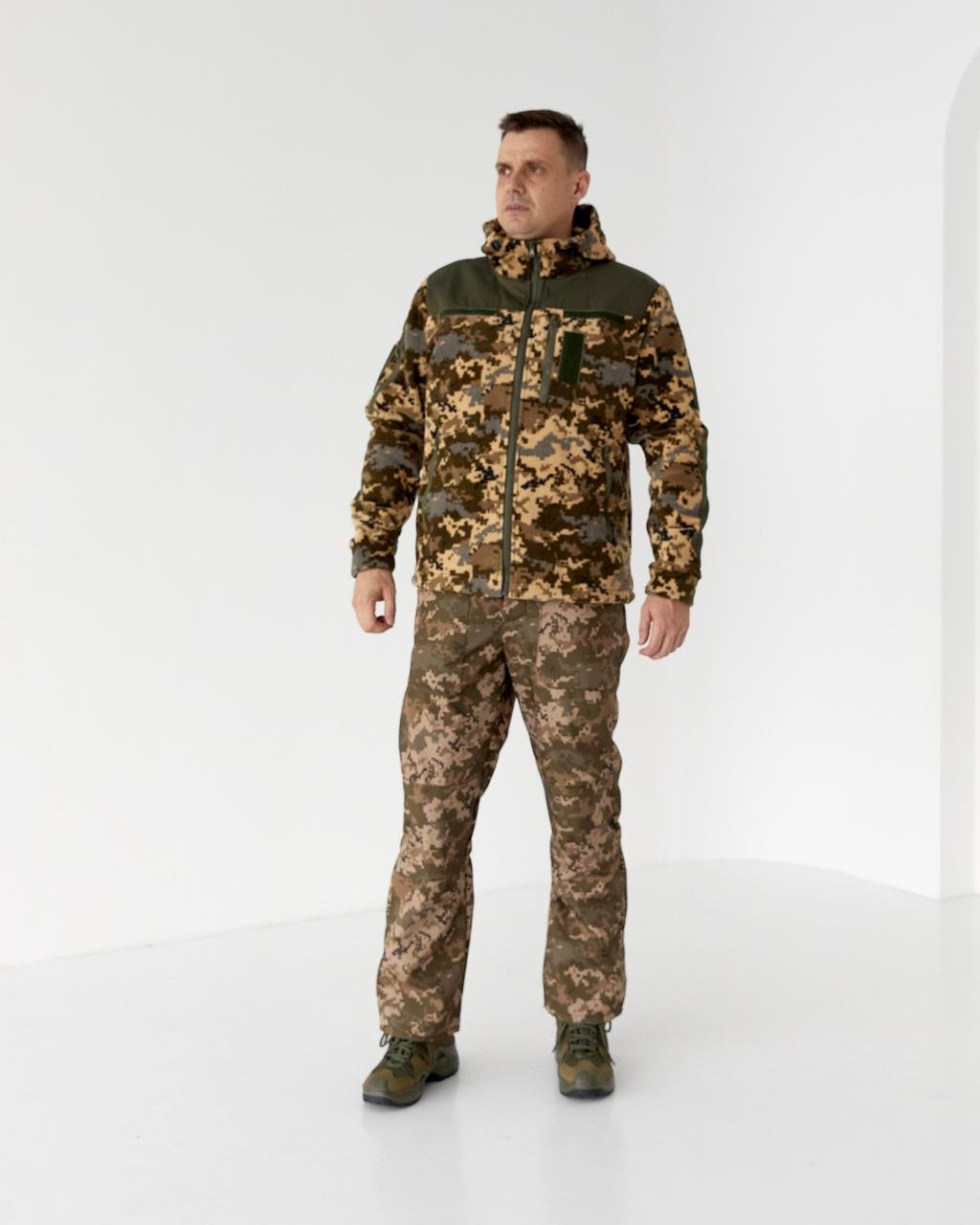 Флісова тактична кофта з капюшоном Піксель, чоловіча камуфляжна кофта-куртка з липучками під шеврони