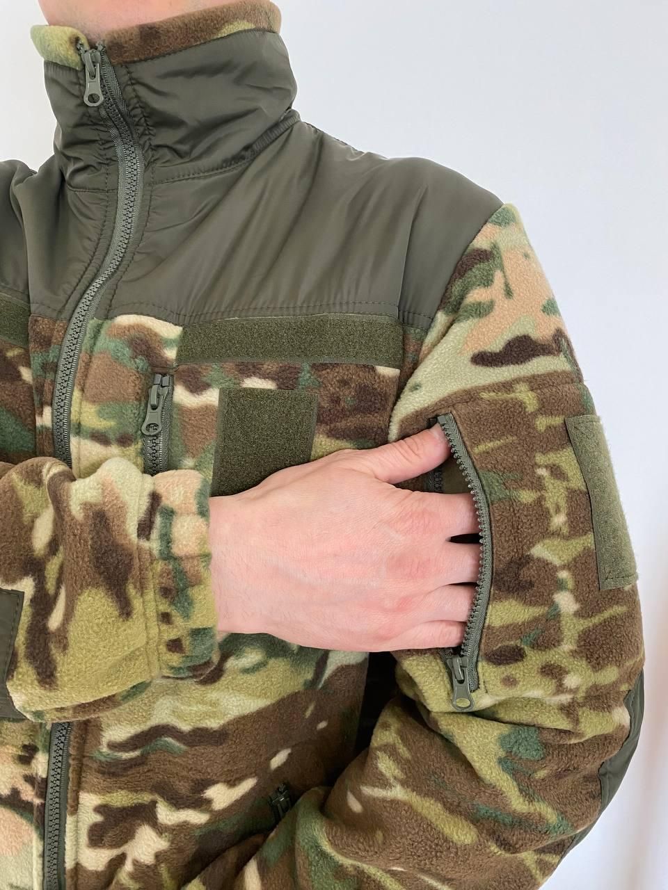 Кофта Мультикам из плотного флиса комбинированная с тканью олива, с липучками, 4 кармана, 46-56 р-р (кофта мультикам комби_к_о)