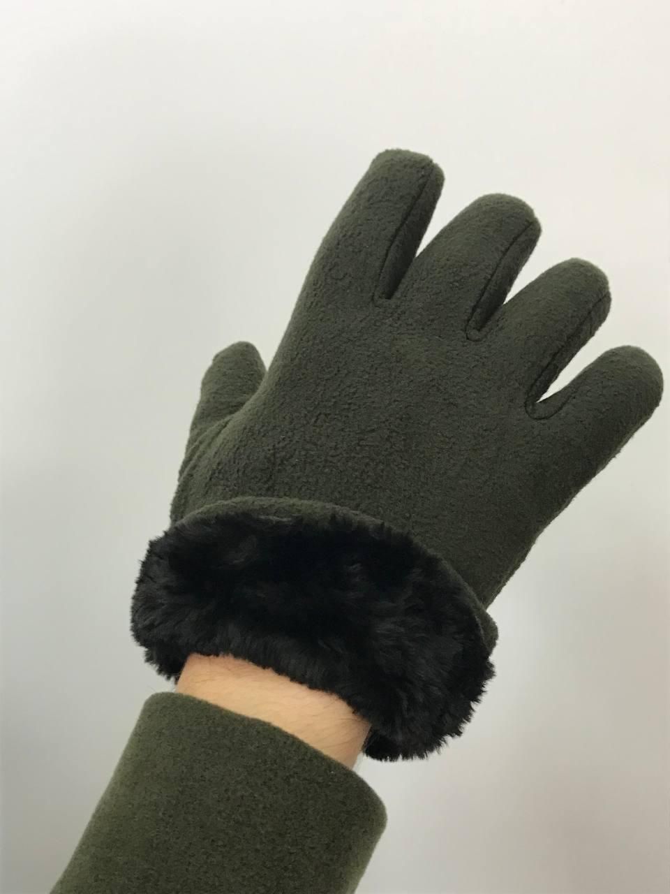 Рукавички чоловічі флісові зі штучним хутром, колір олива M, L, XLр-р (перчатки флис мех олива М)