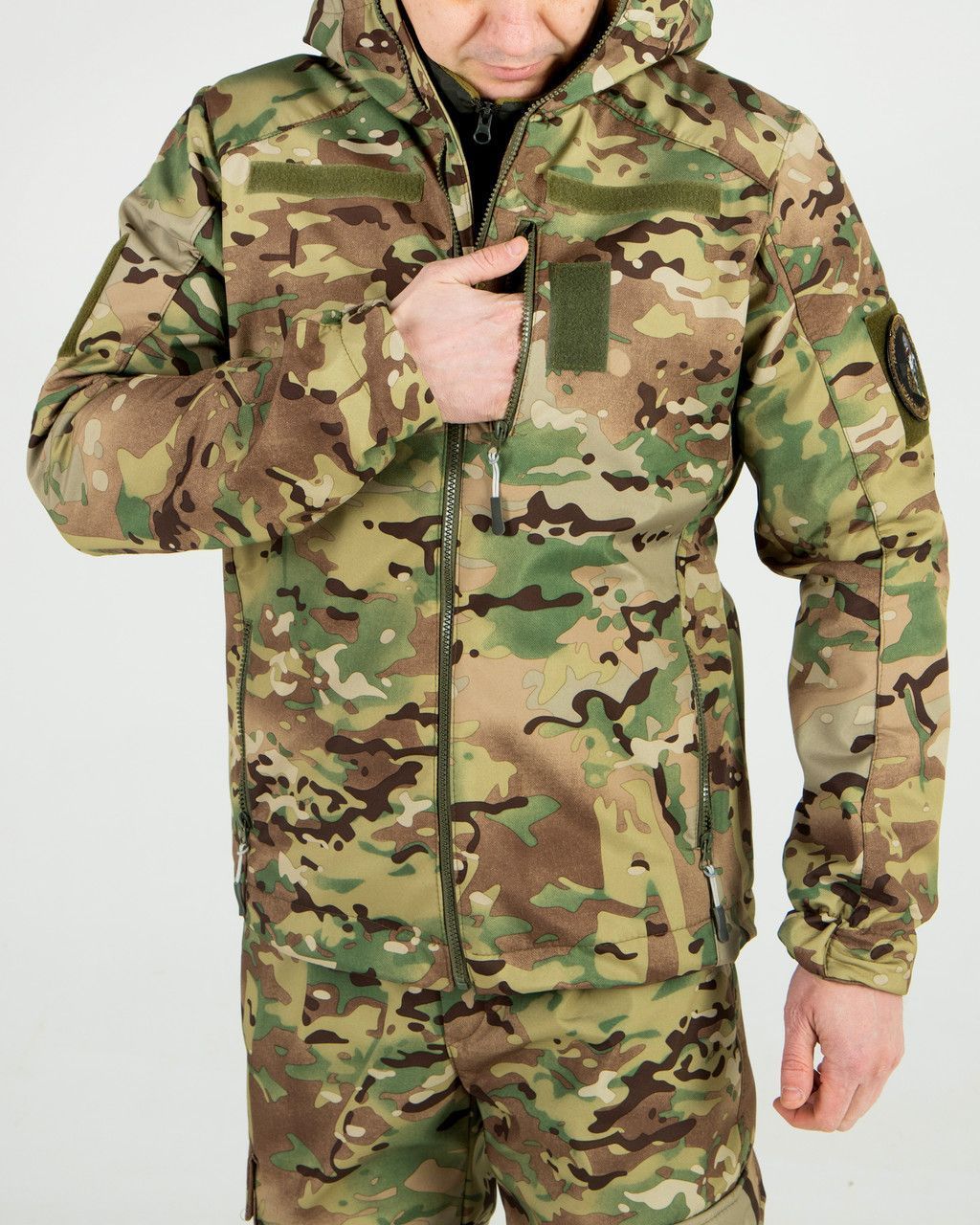 Костюм камуфляжный утепленный на флисе, куртка с капюшоном, ткань софтшелл Мультикам (Костюм РОД_софтш_мульт_46)