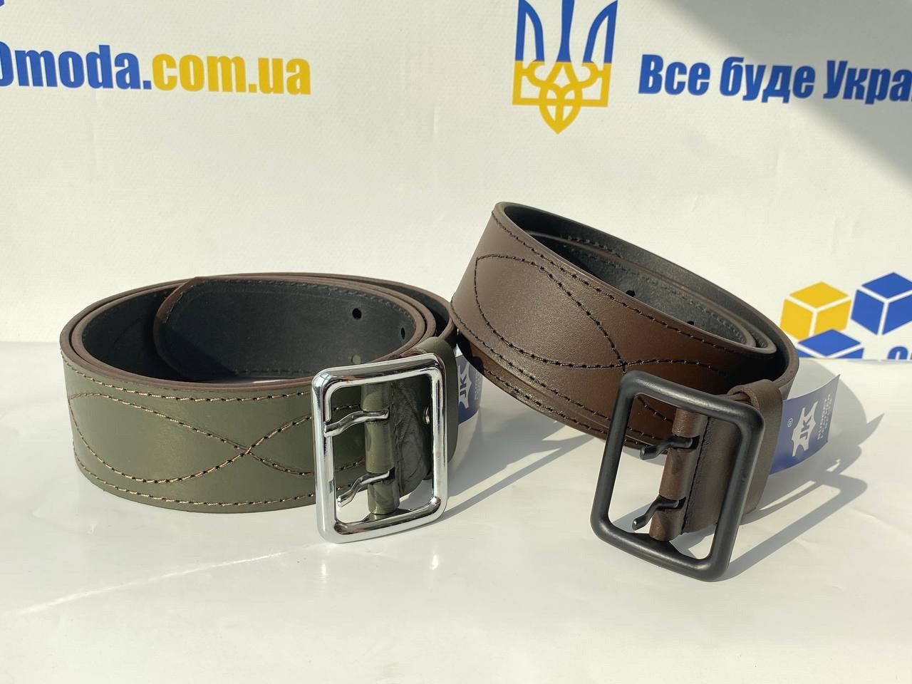 Портупея кожаная, армейский военный ремень, офицерский кожаный пояс с металлической пряжкой, олива, коричневый (порт_олива_син_этик)